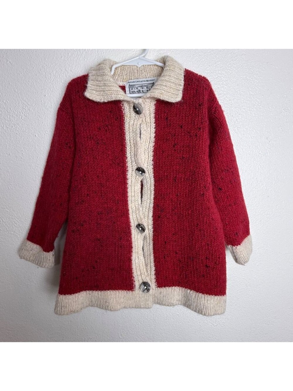 Vintage Aran Sweater Market Red & Cream Wool Button Down Sweater Sz 8-11 Years